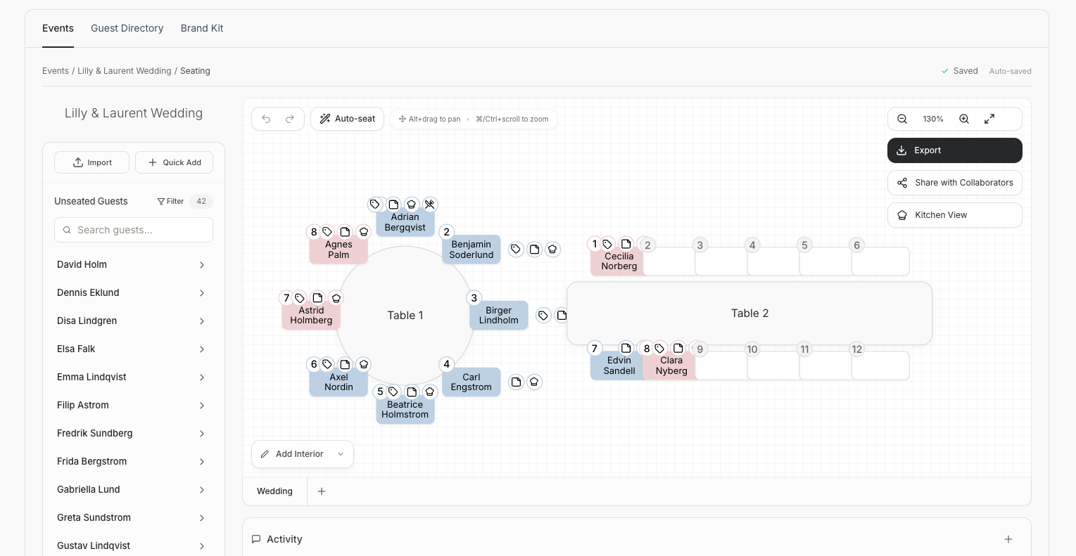 sête seating chart with a second planner collaborating live